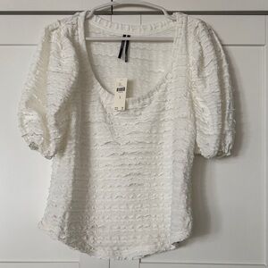 Anthropologie White Textured Puff-Sleeve Top